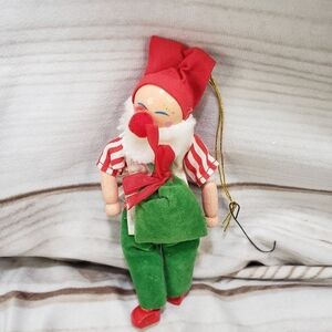 Vintage Wooden Elf Christmas Ornament Green Velvet Jingle Bell Hanging 5 Inch